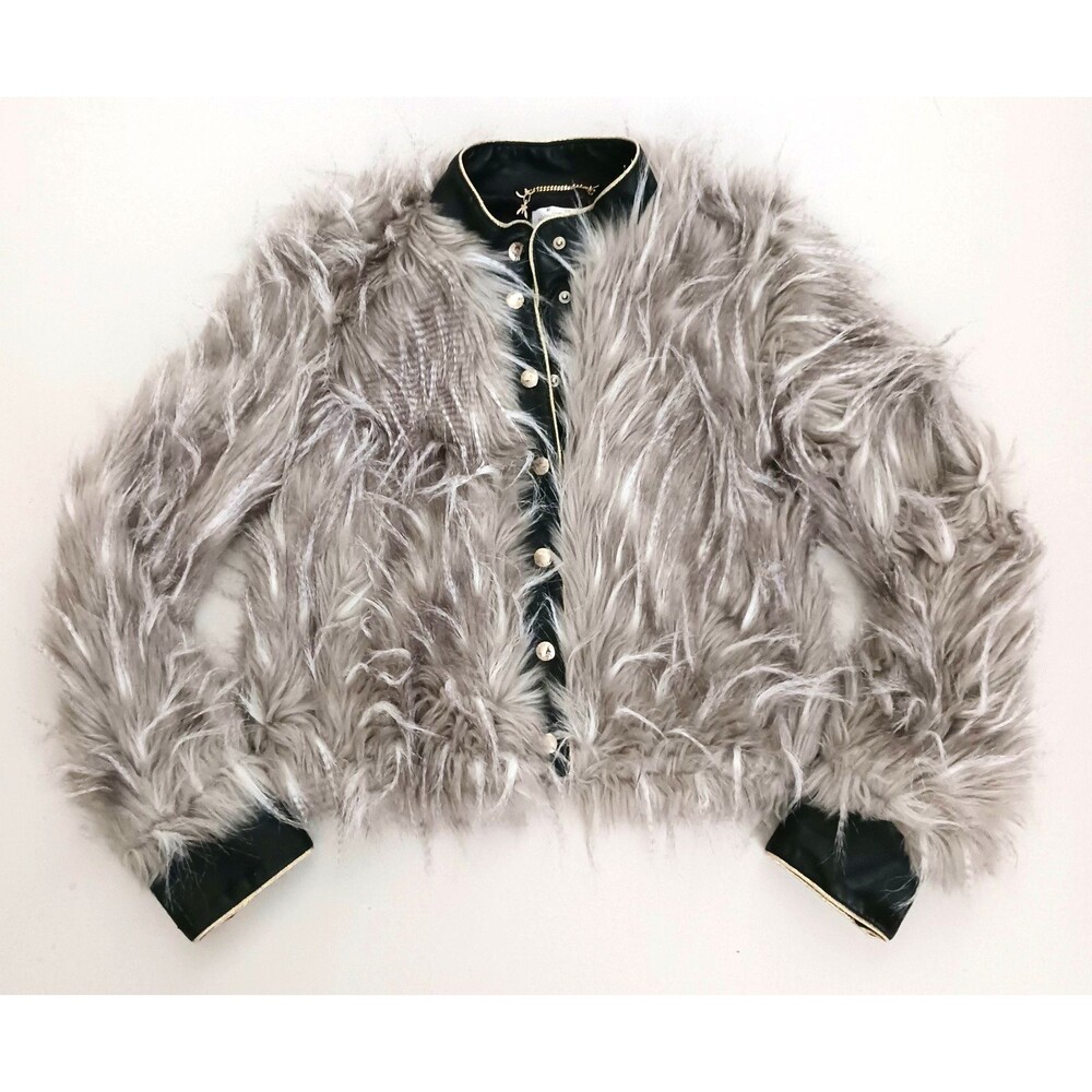 Patrizia Pepe Gray Tipped Faux Fur Crop Jacket Blk Vegan Leather Trim  38 US XS